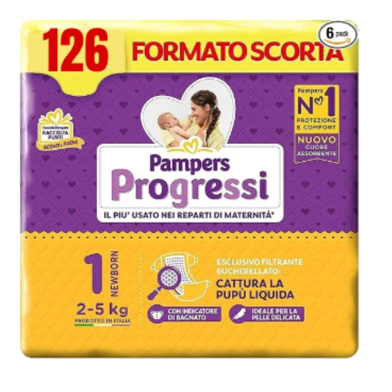 Pampers Progressi Extra Pacco 126 Pannolini Taglia 1,2,3,4,5 - Scegli la taglia di cui hai bisogno