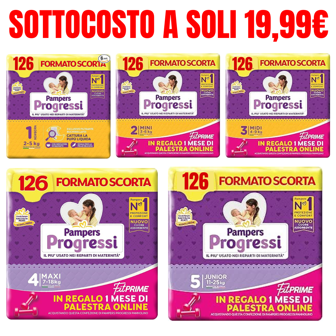 Pampers Progressi Extra Pacco 126 Pannolini Taglia 1,2,3,4,5 - Scegli la taglia di cui hai bisogno